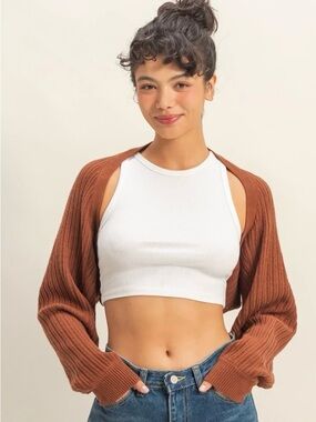 NEW Double Zero Chestnut Brown Ribbed Knit Cropped Bolero Cardigan Size Medium